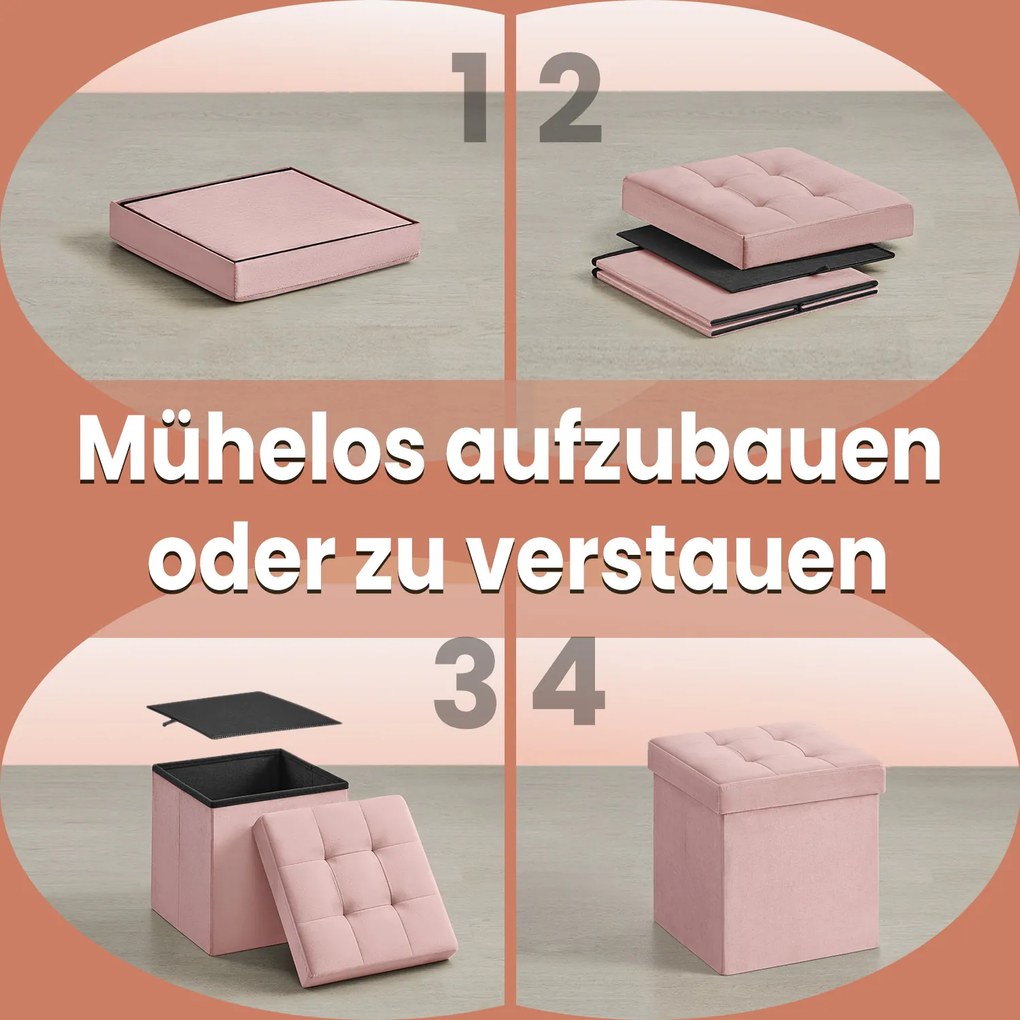 Banco com espaço de arrumação em veludo 38 x 38 x 38 cm rosa