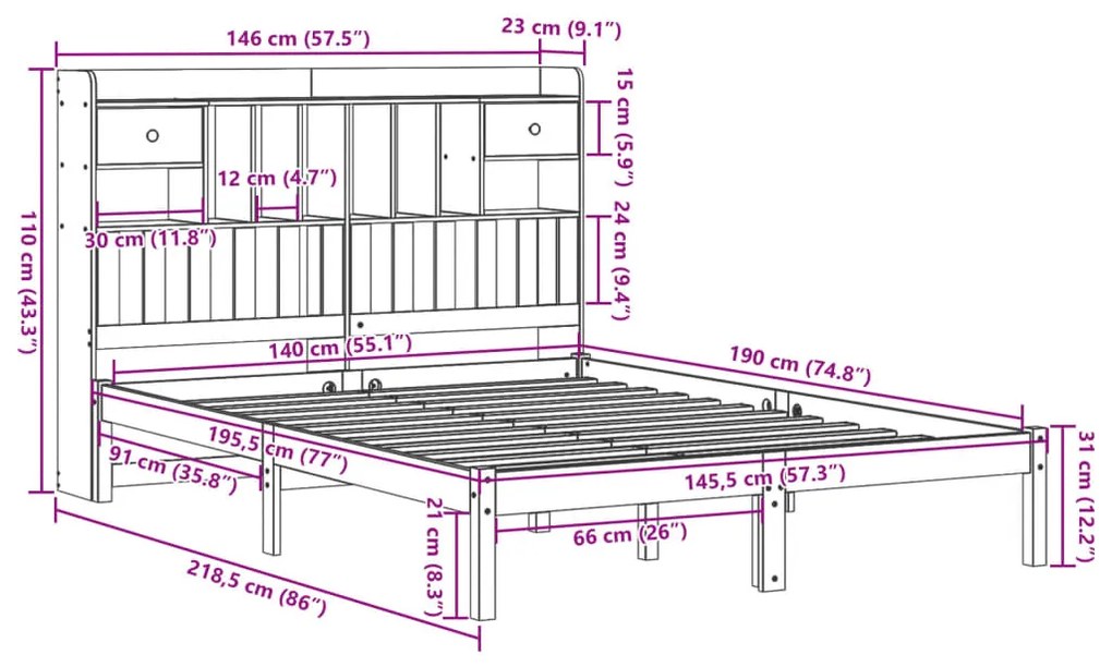 Cama com estante sem colchão 140x190 cm pinho maciço branco