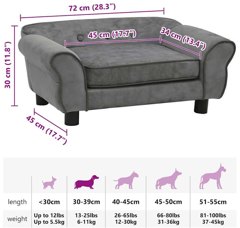 Sofá para cães 72x45x30 cm pelúcia cinzento-escuro