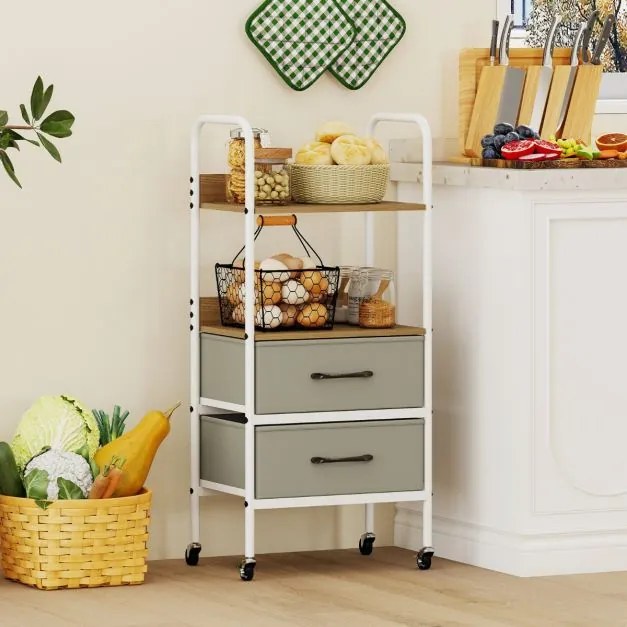 Carrinho de armazenamento móvel 30 x 43,5 x 96 cm com rodas de cozinha ou escritório com Suporte para impressora com 2 prateleiras abertas e 2 gavetas