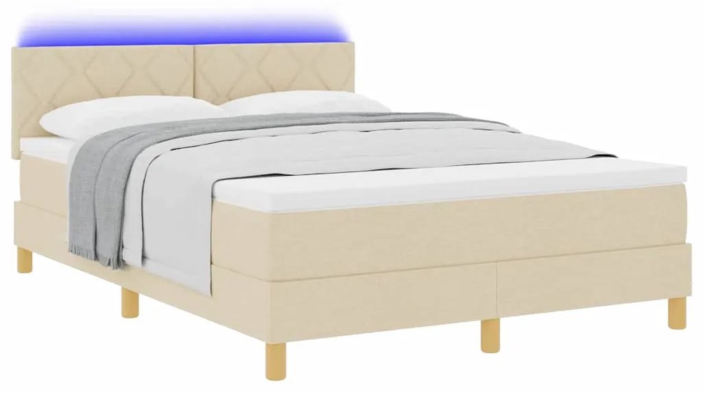 Cama Box Spring com Colchão &amp; LED Creme 140x200 cm Tecido