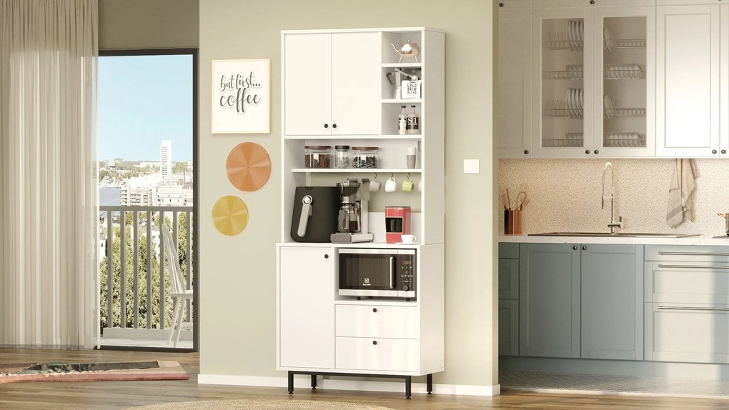 Armário Alto de Cozinha "Toledo" - Branco - 88x205x35.5cm - Design Mod