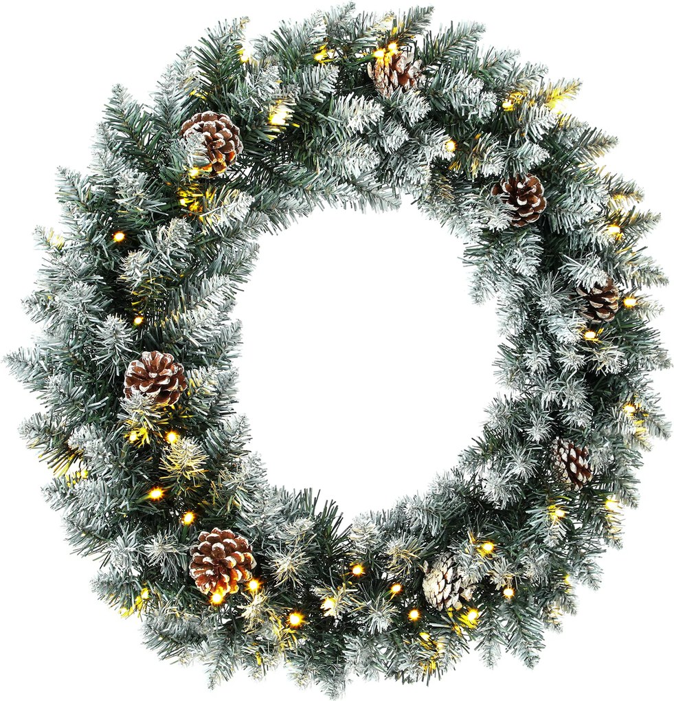 HOMCOM Guirlanda de Natal 60 cm Iluminada Guirlanda de Porta com 50 LEDs Pinhas Neve Artificial para Natal Advento Porta de Entrada | Aosom Portugal