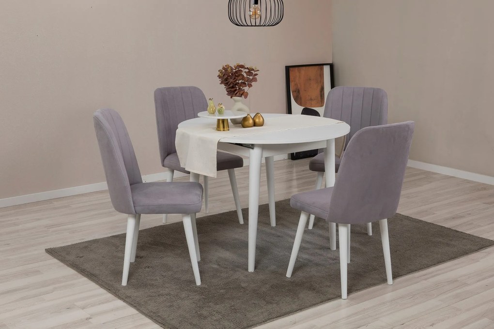 Conjunto de Mesa de Jantar Extensível e Cadeiras Vina – Branco e Cinze