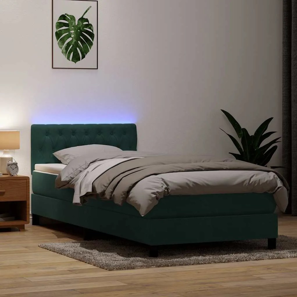 vidaXL Cama box spring c/ colchão e LED 100x210 cm veludo verde-escuro