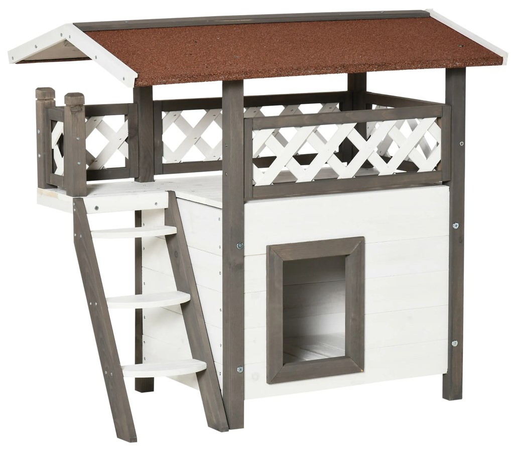 PawHut Casa para Gatos de Madeira 77x50x73cm Casa para Gatos com 2 Níveis com Teto Asfáltico Terraço Cercado Caverna e Escada para Interior e Exterior Branco e Cinza