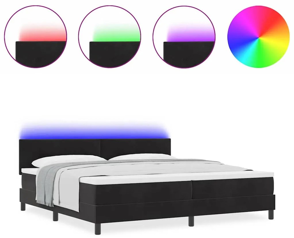 Cama Box com Colchão &amp; LED Preto 200x200 cm Veludo