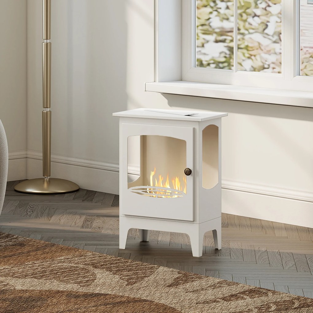 Lareira Bioetanol 7000BTU com Apagador de Aço Inoxidável Depósito de 1,2L Tempo de Combustão 3h para Interiores 20-25 m² 39x26x54 cm Branco