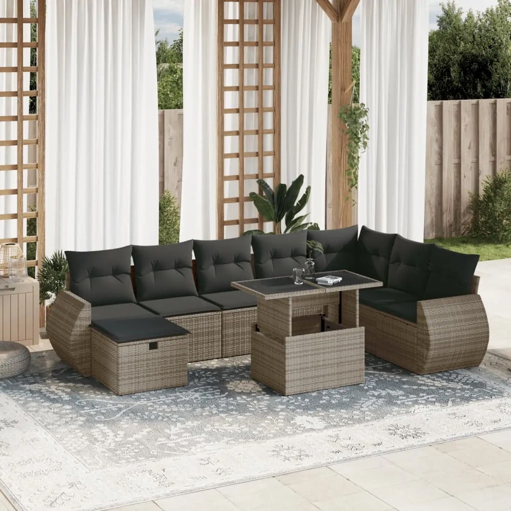 9 pcs conjunto sofás p/ jardim com almofadões vime PE cinzento