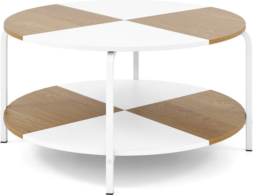 Mesa redonda de centro 80 cm de 2 níveis com prateleira e estrutura metálica Branco e Natural