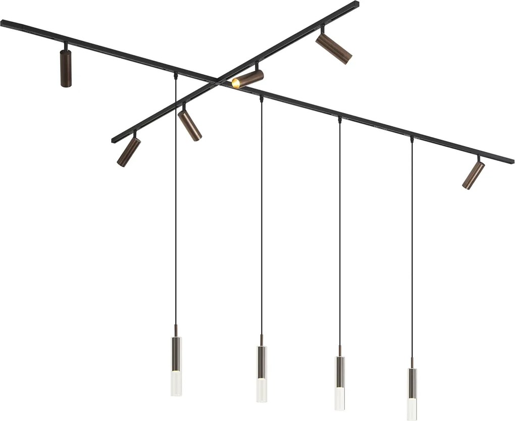 Sistema de calhas de iluminação moderno preto com 6 focos e 4 candeeiros suspensos bronze escuro monofásico - Slimline Uzzy Loyce