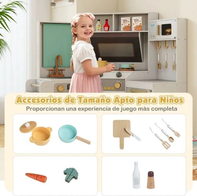 Cozinha de brincar de canto com luzes e sons. Inclui lava-loiça, fogão, micro-ondas, forno, máquina de lavar e acessórios para crianças com mais de 3