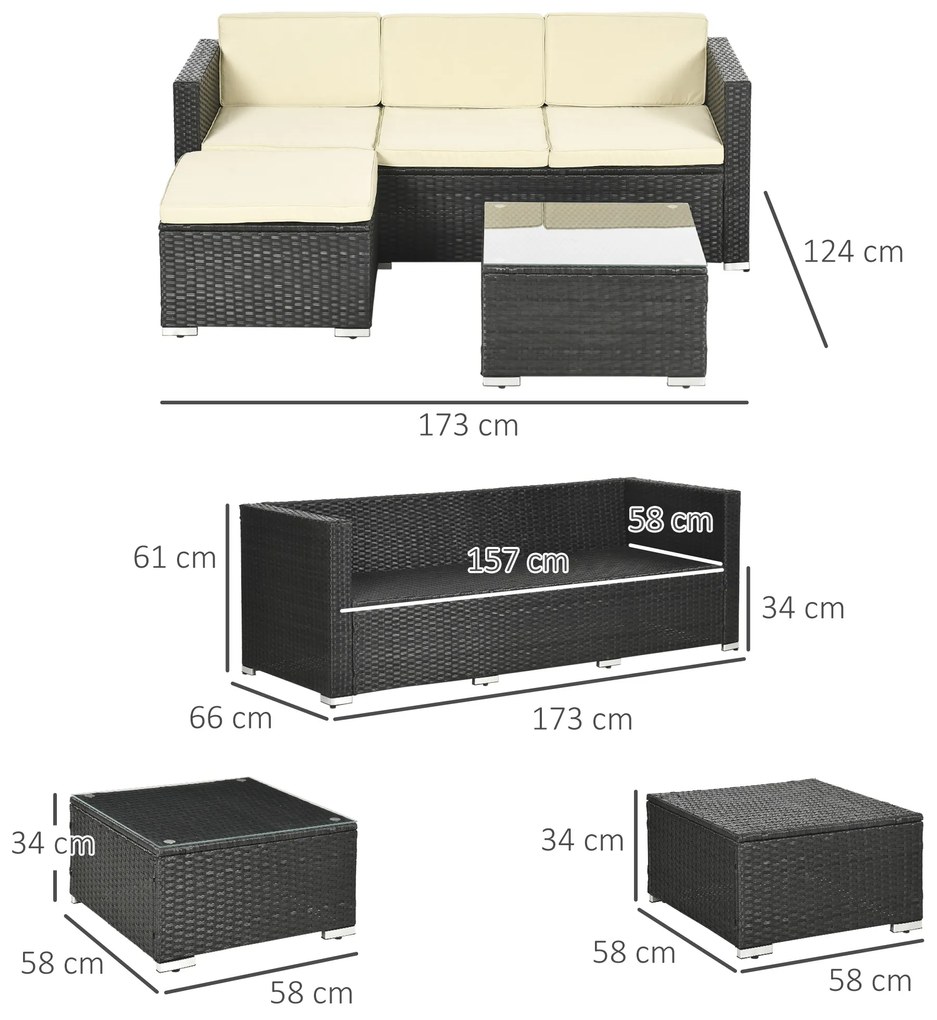 Outsunny Conjunto de Móveis de Vime de Jardim 3 Peças Conjunto de Móveis de Vime Exterior Sofá de 3 Lugares com Almofadas Acolchoadas Mesa de Centro com Bancada de Vidro Temperado e Banco Preto e Bege