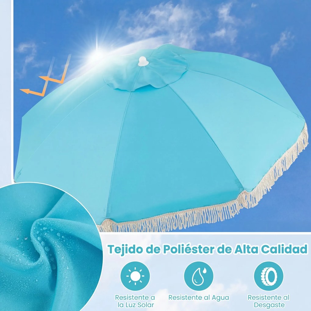 Guarda-sol de praia grande, 173 cm, mastro de madeira, 8 varas de fibra de vidro, inclinável, com borlas, para exterior e jardim, azul