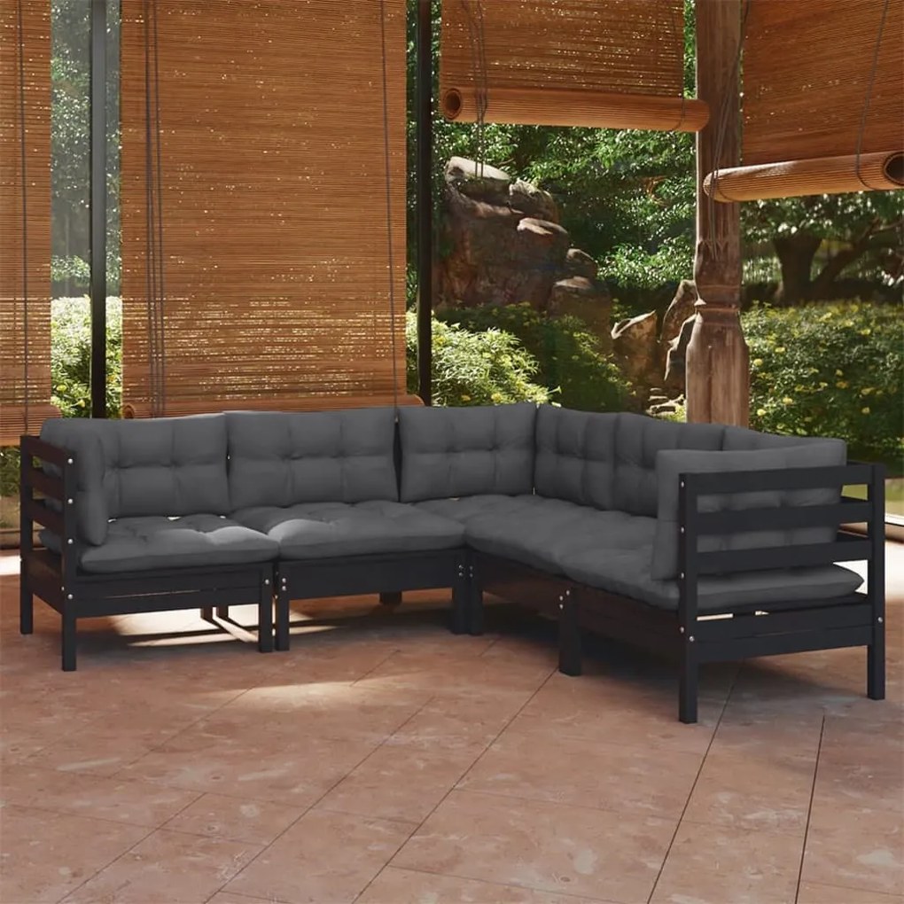 vidaXL 5 pcs conjunto lounge jardim c/ almofadões pinho maciço preto
