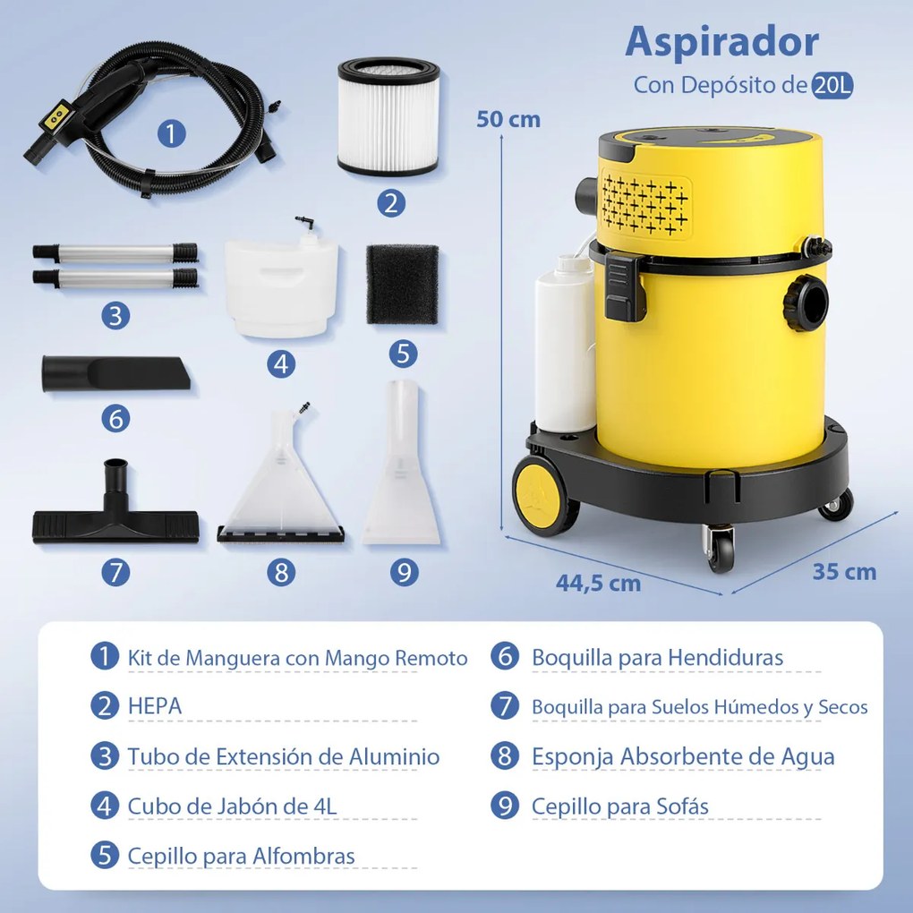 Aspirador de pó seco e húmido 4 em 1 portátil para limpeza de tapetes e estofos com aspiração máxima de 1200 W e 17 KPA com acessórios