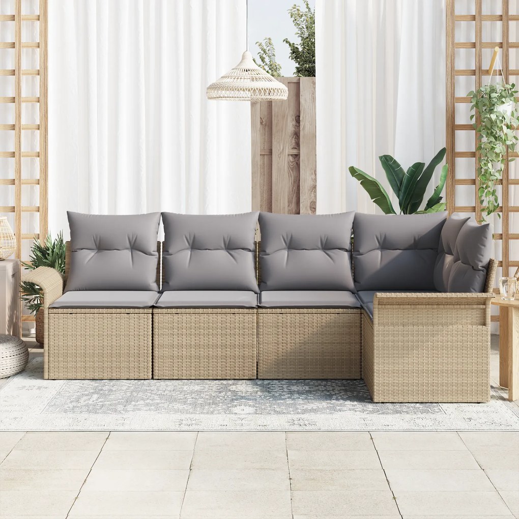 Conjunto de Sofá de 5 Peças para Jardim com Almofadas Bege de Rattan P
