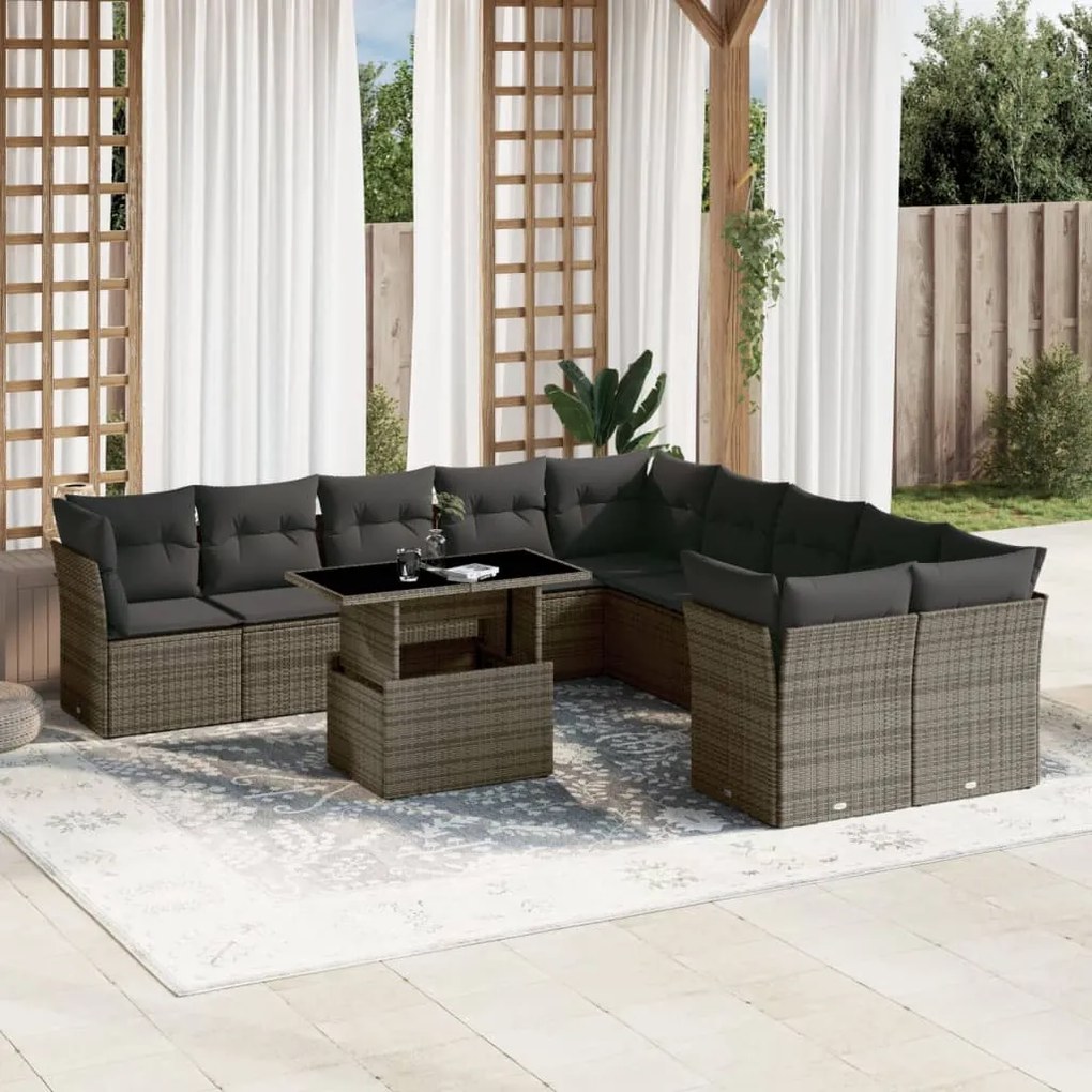 11 pcs conjunto sofás de jardim c/ almofadões vime PE cinzento