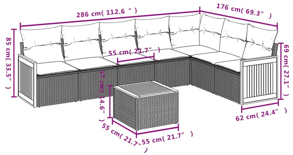 8 pcs conjunto sofás de jardim com almofadões vime PE preto