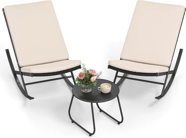 Conjunto de Baloiços jardim  de 3 peças com 2 cadeiras de baloiço em rattan PE com almofadas e 1 mesa preto e Bege
