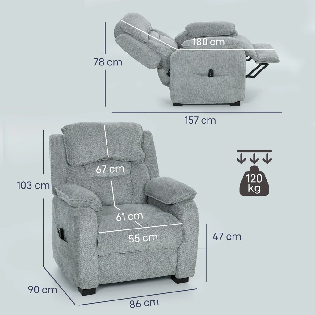 Poltrona relax elétrica, reclinável, com porta USB, apoio para os pés, bolsos laterais e comando à distância – 86 x 90 x 103 cm, cinzento claro