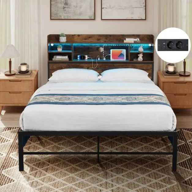 Estrutura cama 200 x 140 cm (COLCHÃO NÃO INCLUIDO) com Luzes LED e Estação de Carregamento 16 Cores 4 Modos Castanho Rústico e Preto