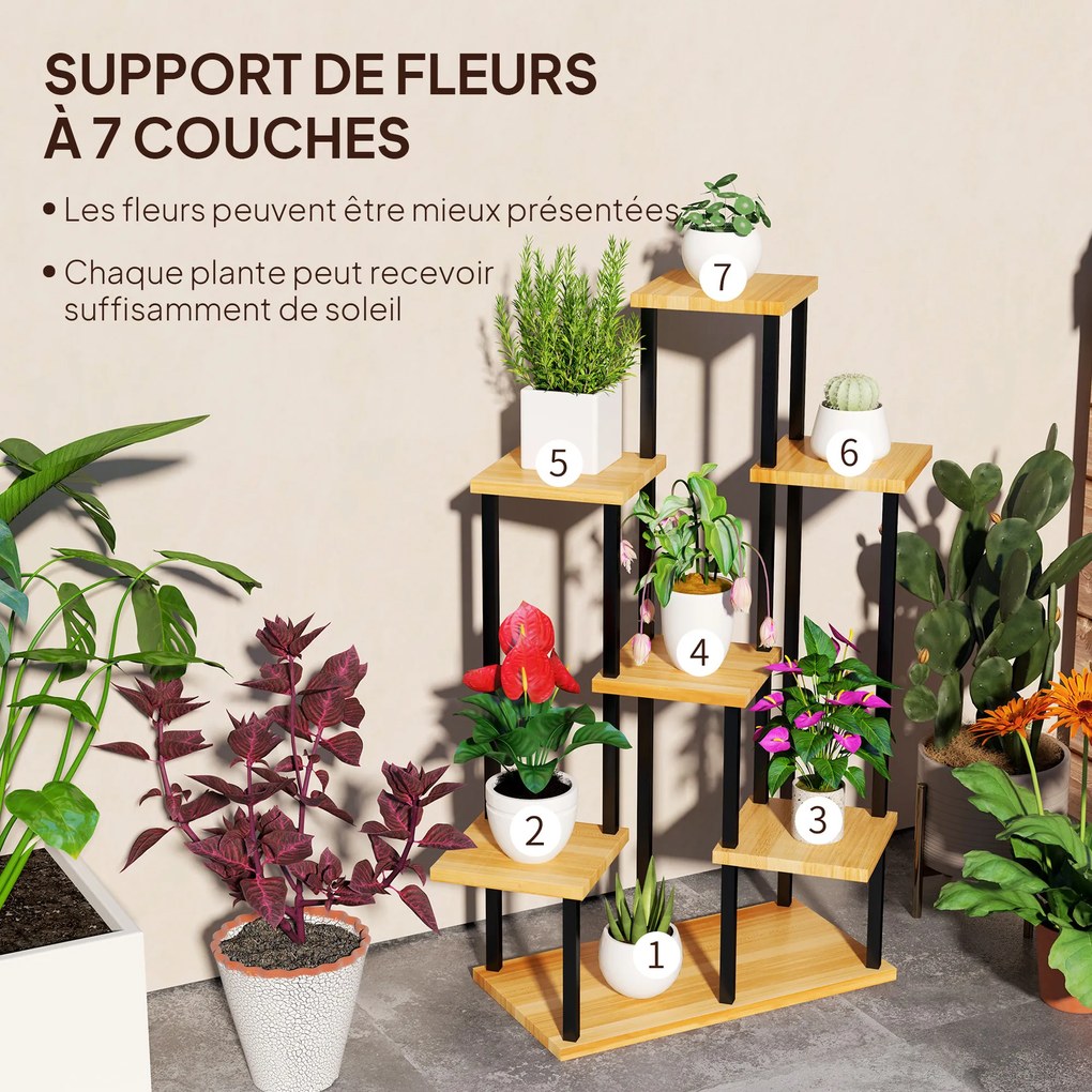 Suporte para plantas com 7 níveis para interior e exterior, prateleira para plantas em aço e madeira, madeira natural