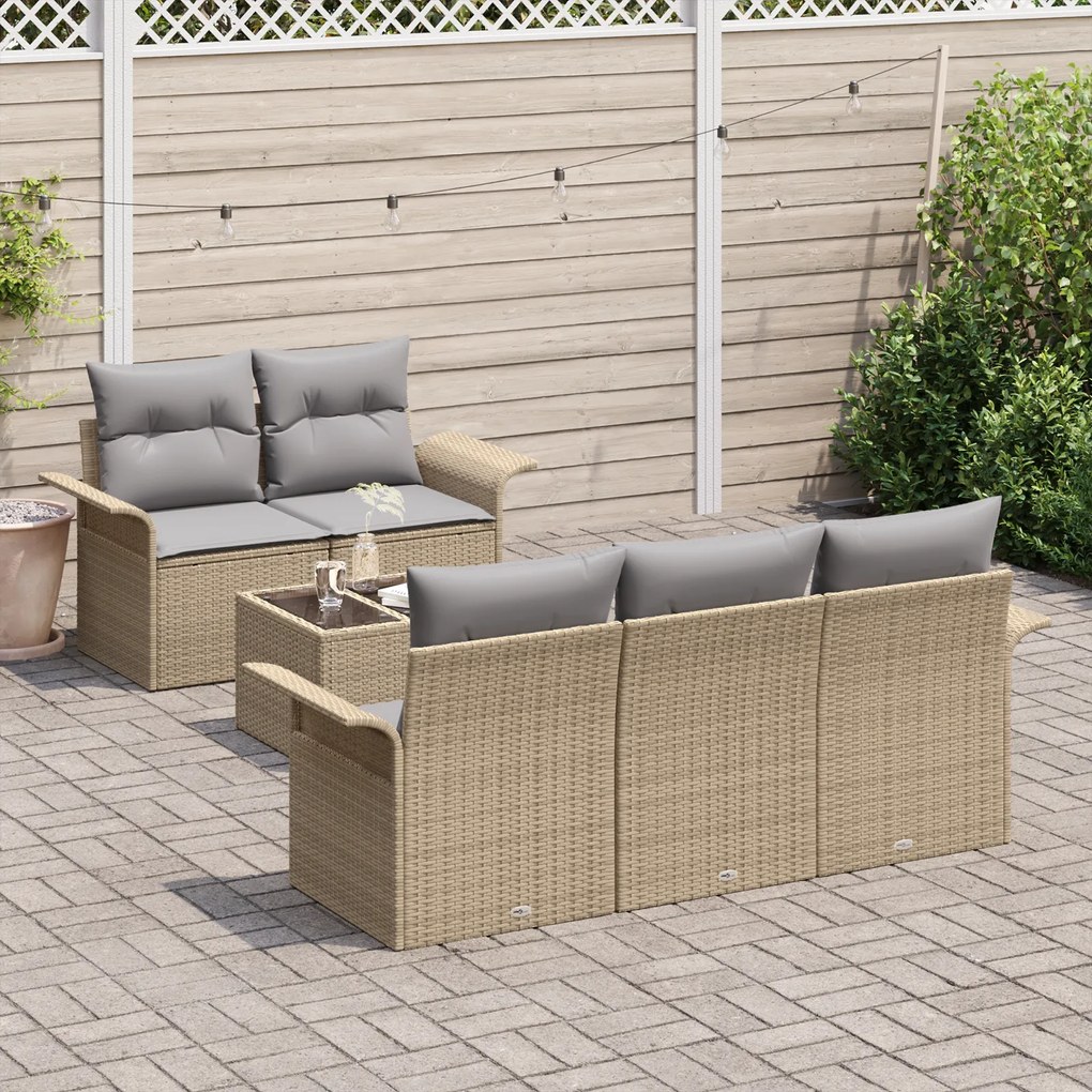 Conjunto de Sofás de Jardim de 6 Peças com Almofadas Bege Rattan Polié