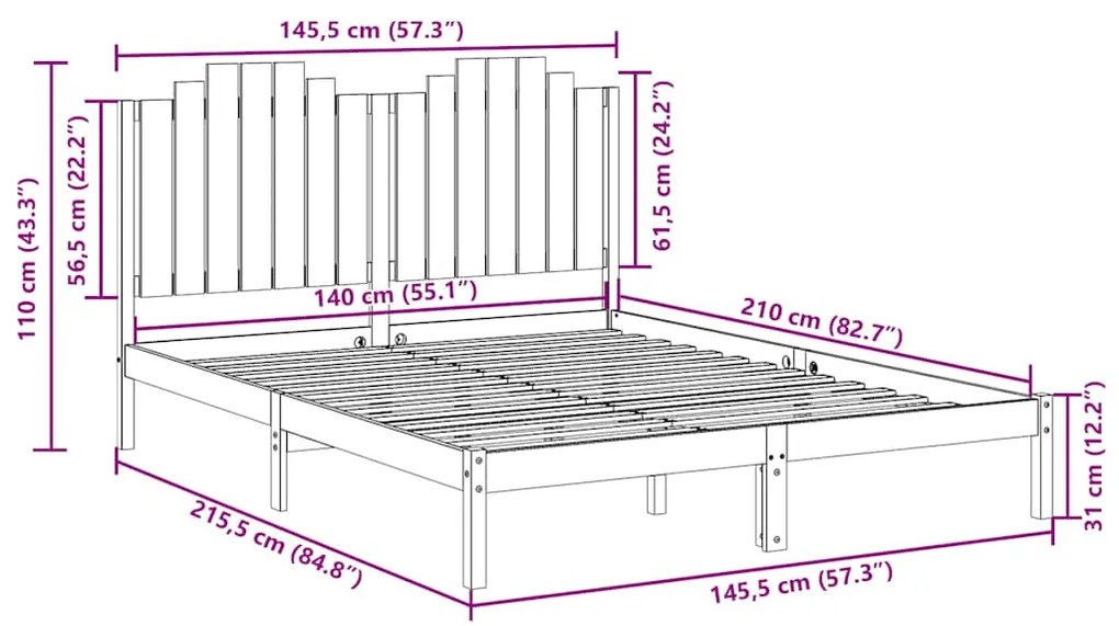 Cama extra longa sem colchão 140x210 cm madeira maciça
