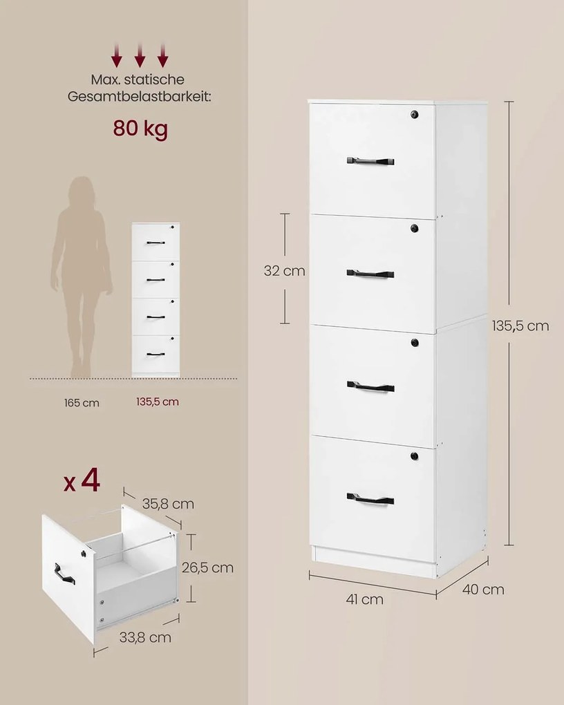 Armário de arquivo escritório 40 x 41 x 135,5 cmcom 4 gavetas com fechadura Branco