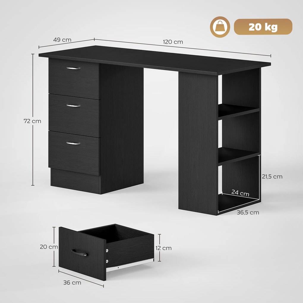 Secretária para computador com 3 gavetas e 3 prateleiras abertas, 120 x 49 x 72 cm, secretária com arrumação reversível, estilo moderno, secretária pa