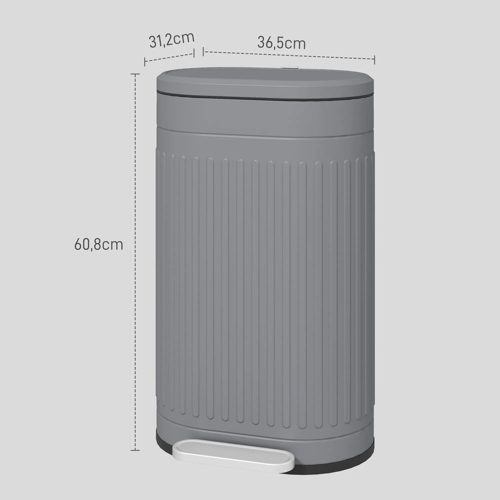 Caixote do Lixo de Cozinha com Pedal, 36,5 x 31,2 x 60,8 cm, Capacidade de 30 L, Cinzento