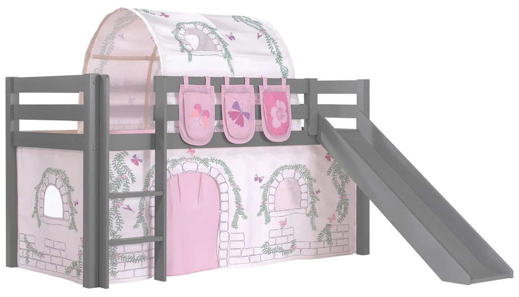 Conjunto Cama alta de Criança PINO 90 x 200 cm + estrado + escada + escorrega + tunel + cortina + bolsas de arrumação Passaros Cinzenta