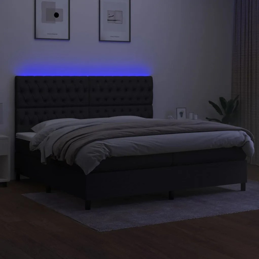 Cama box spring c/ colchão e LED 200x200 cm tecido preto