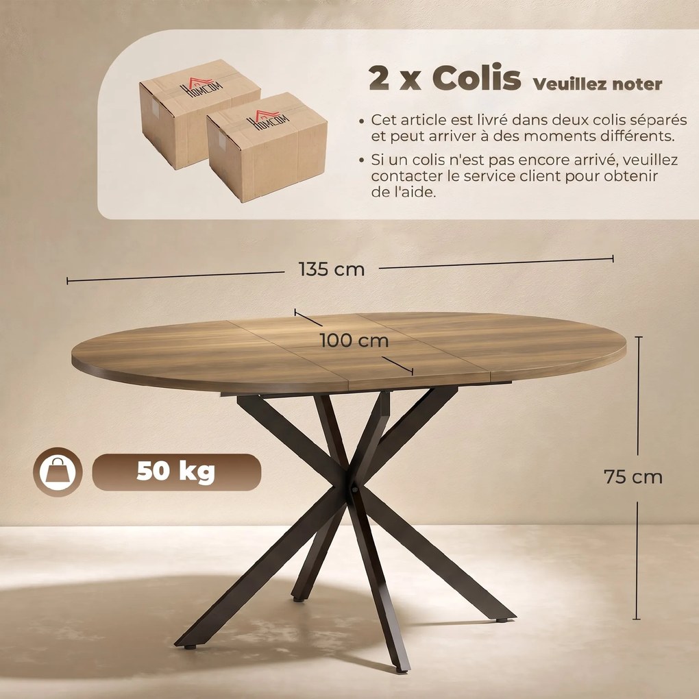Mesa de Jantar Extensível Oval (CADEIRAS NÃO INCLUIDAS), 135 x 100 x 75 cm, Extensão Borboleta, Castanha