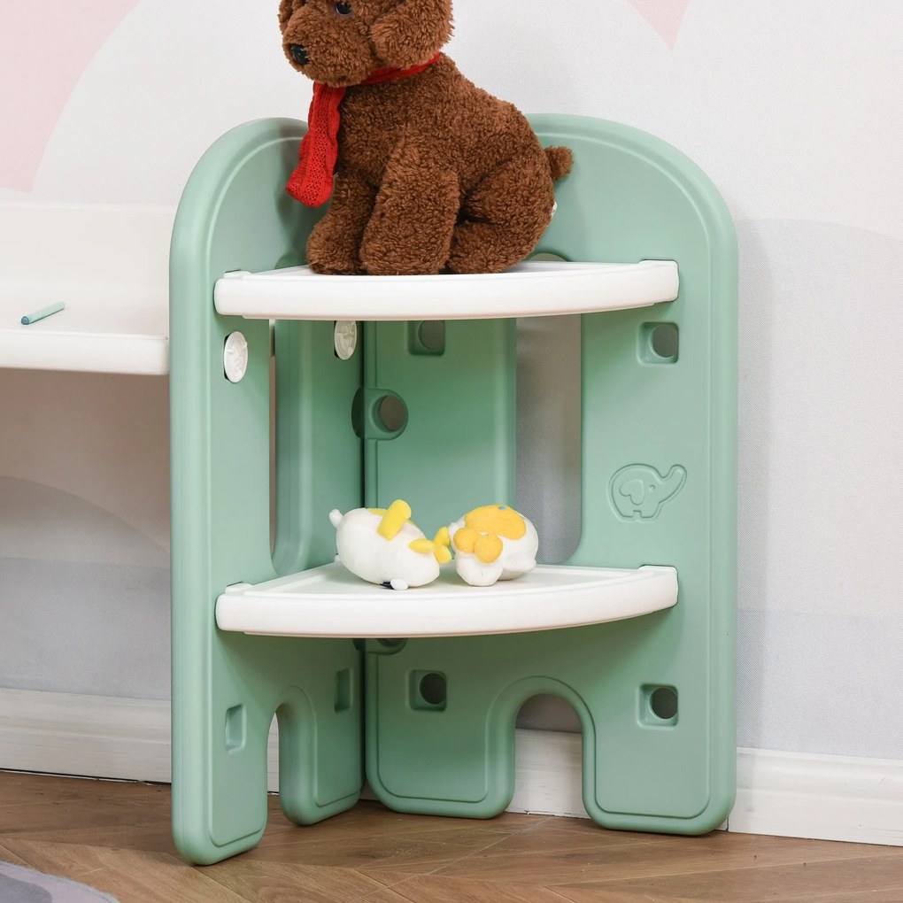 HOMCOM Conjunto de Mesa e Cadeira Infantil 2 em 1 com Prateleira Conjunto de Mesa e Cadeira para Crianças com 4 Prateleiras de Armazenamento para Livros Brinquedo 150x35x62,5cm Verde e Branco