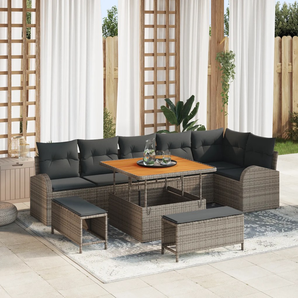 Conjunto de Sofá de Jardim vidaXL 9 Peças com Almofadas Cinza Vime de Polietileno Acácia