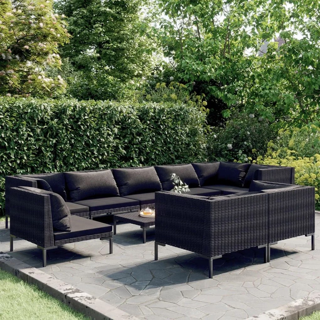 vidaXL 10 pcs conj. lounge jardim c/ almofadões vime PE cinza-escuro