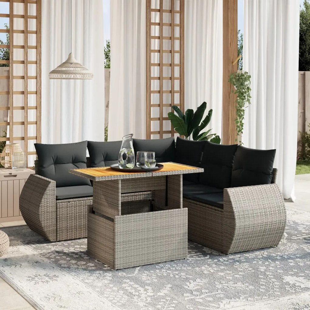 6 pcs conjunto sofás de jardim com almofadões vime cinzento