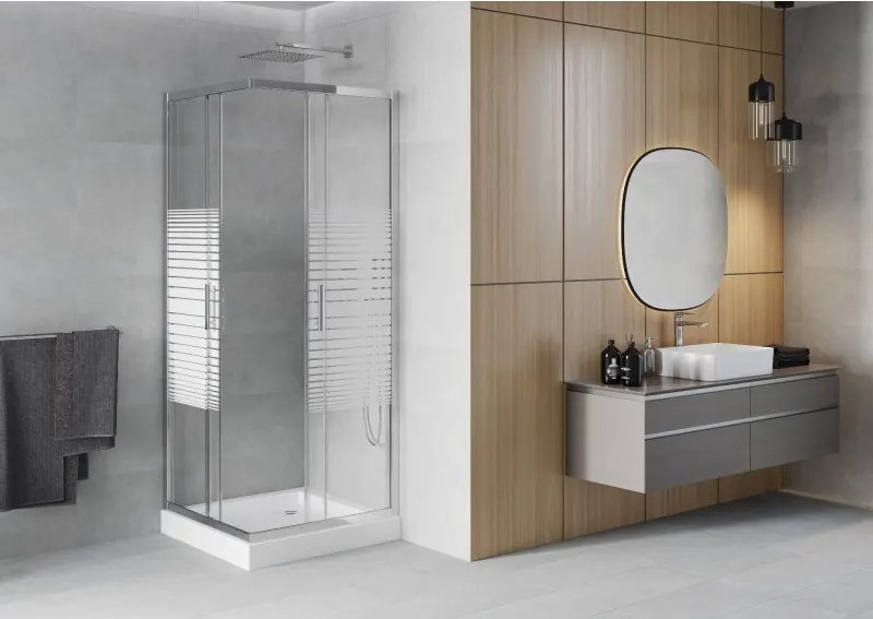 Mexen Rio cabine de duche quadrada 70 x 70 cm, riscas brancas, cromado + base, branca - 860-070-070-01-20-4510