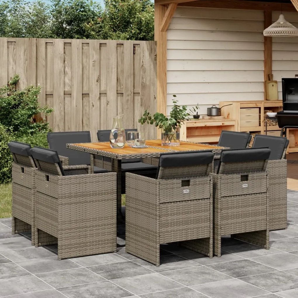 vidaXL 9 pcs conjunto de jantar p/ jardim c/ almofadões vime PE cinza