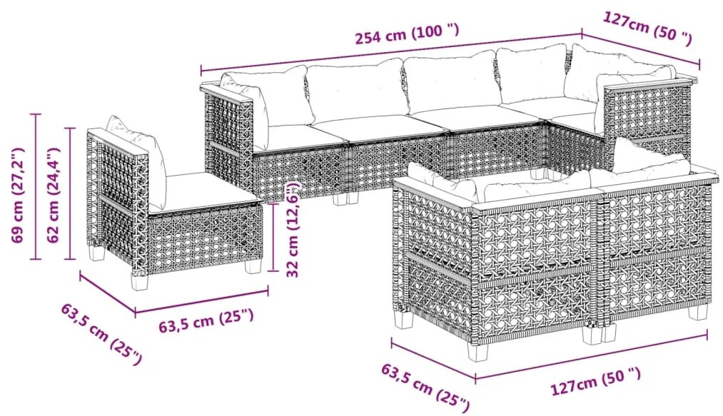 8 pcs conjunto sofás de jardim com almofadões vime PE preto