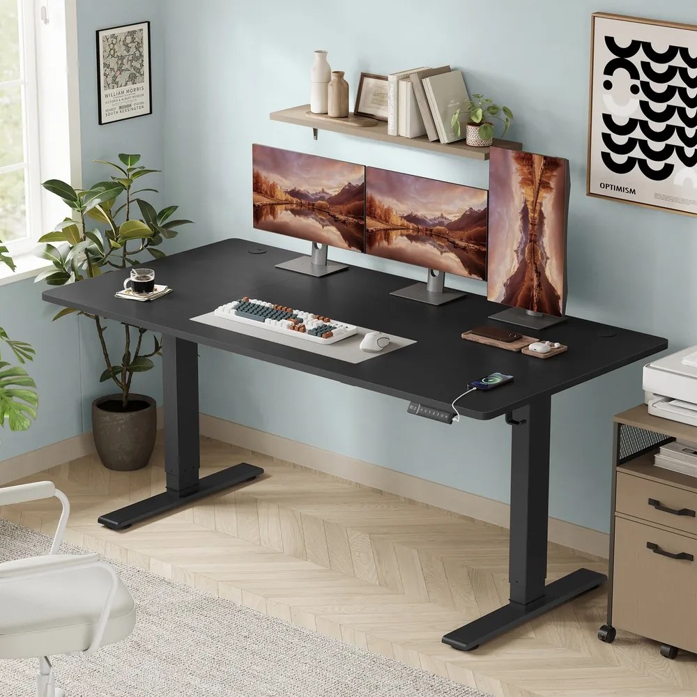 Secretária elétrica com regulação elétrica da altura, 160 x 80 x (72-120) cm, com porta USB-C Preto