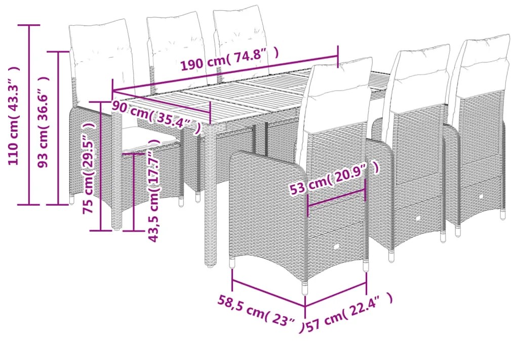 7 pcs conjunto de bistrô para jardim c/ almofadões vime PE bege