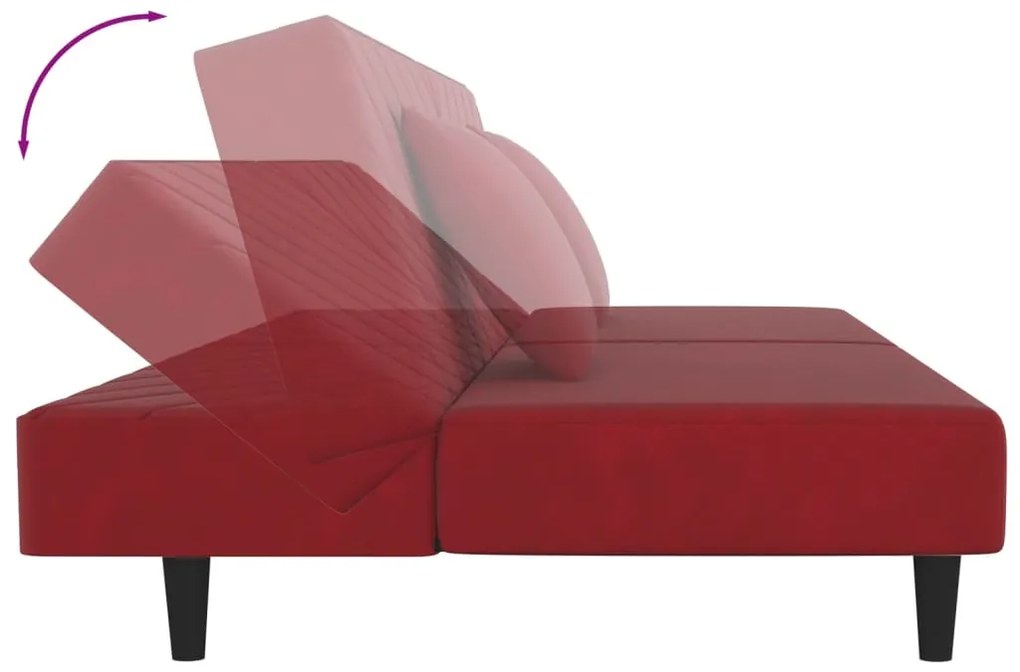 Sofá-cama 2 lugares com duas almofadas veludo vermelho tinto