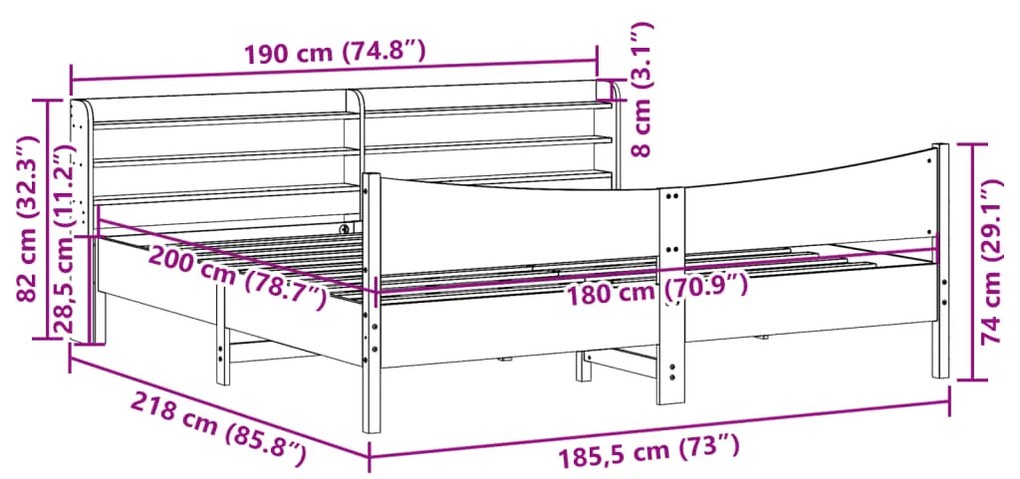 Estrutura cama c/ cabeceira 180x200cm pinho maciço castanho-mel