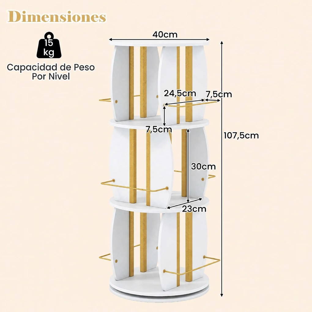 Estante Giratória de 3 Níveis para Livros, 40 x 40 x 107,5 cm, Rotação de 360°, Branco
