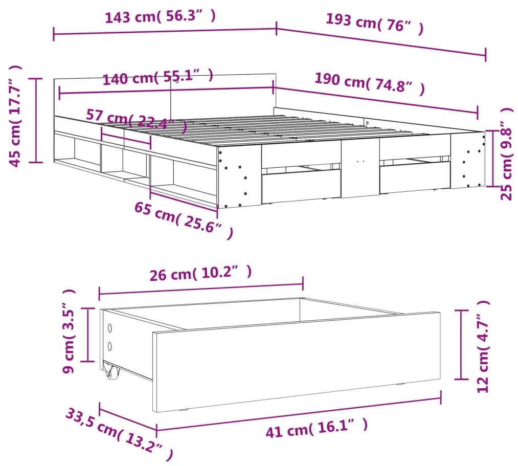 Estrutura de cama c/ gavetas 140x190cm derivados madeira branco