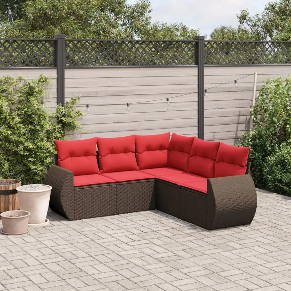 vidaXL 5 pcs conjunto sofás p/ jardim c/ almofadões vime PE castanho