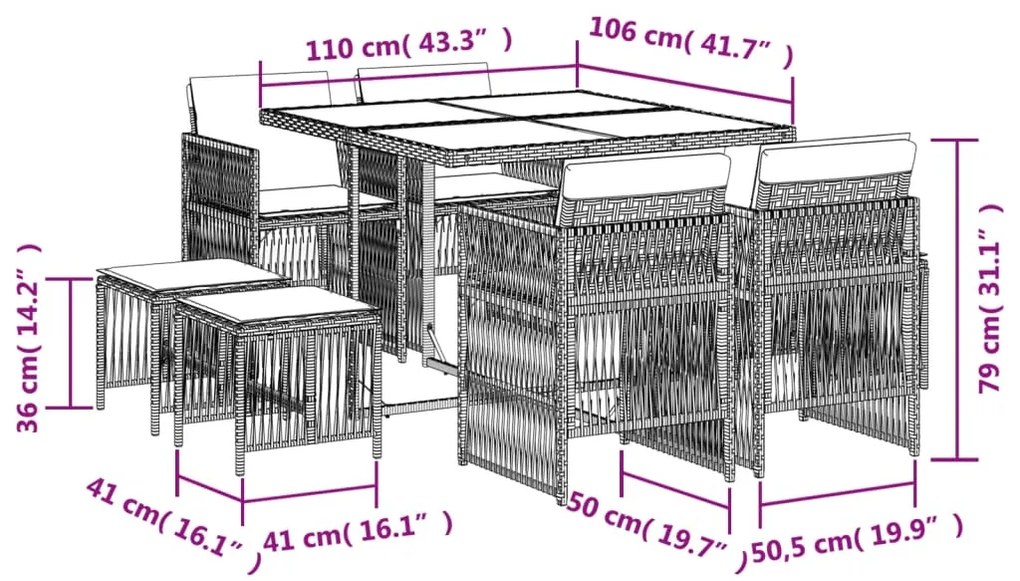 9 pcs conjunto de jantar p/ jardim c/ almofadões vime PE preto